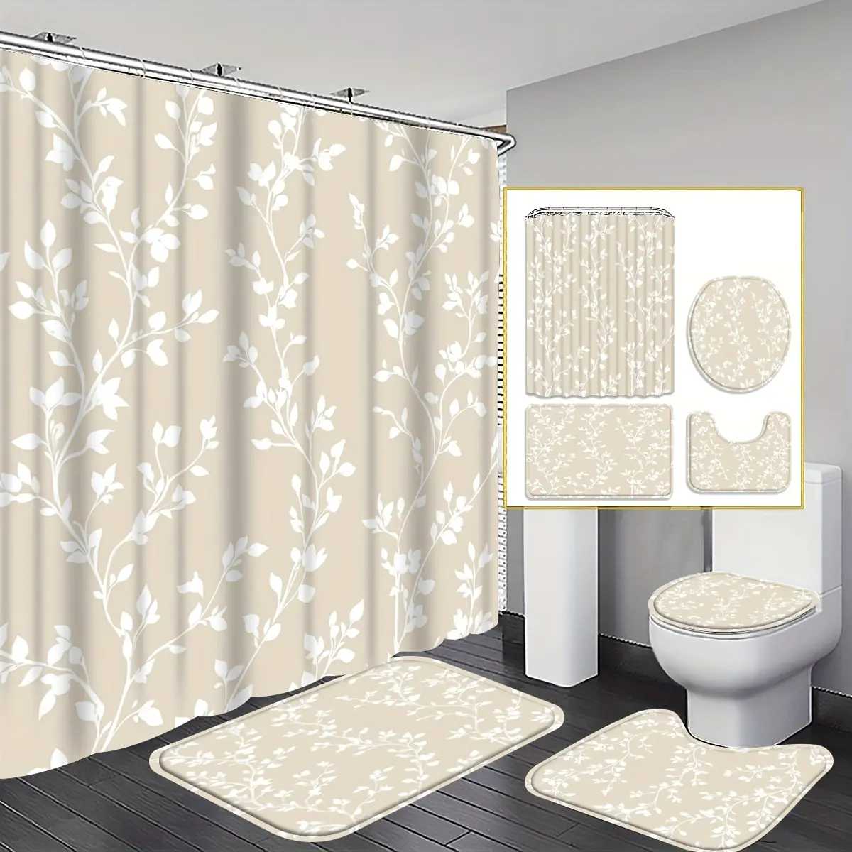 Beige leaf pattern shower curtain set, 4-piece set, white leaves inlaid in beige bathroom decoration, U-shaped addition, toilet cover, 12 hooks, minimalist design, home decoration, bathroom addition