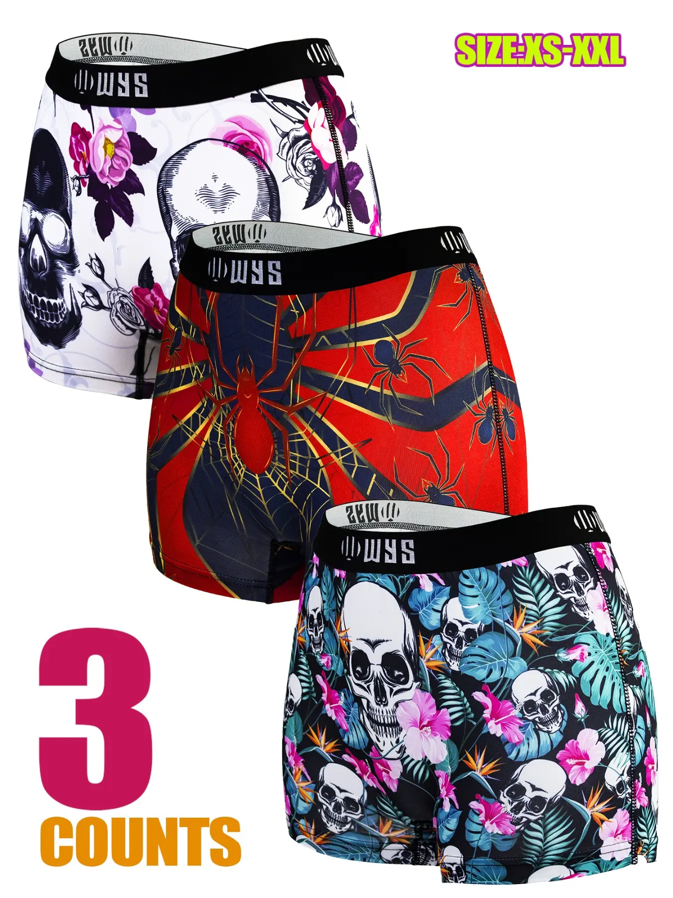 3-Pack Women's Briefs, Comfortable Breathable Underwear, Elastic Sport Shorts, Digital Print, Cute Skull Plant Spider Patterns, Fashion Trendy