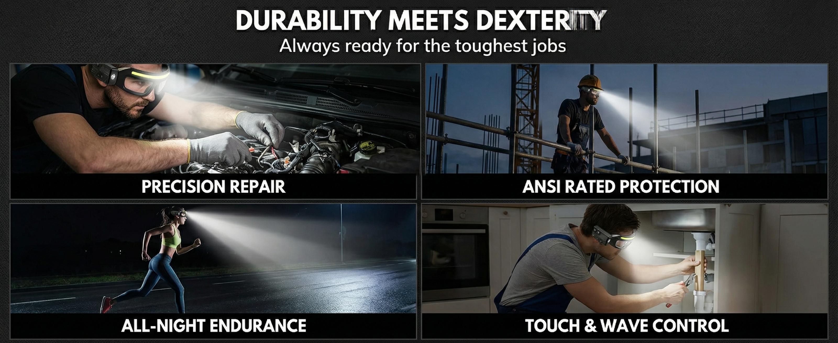 LED Lighted Safety Glasses, USB-C Rechargeable Headlamp Glasses with Motion Sensor & Touch Control, 5 Lighting Modes, Hands-Free Glasses for Night Running, Camping, Fishing & Work (Yellow)