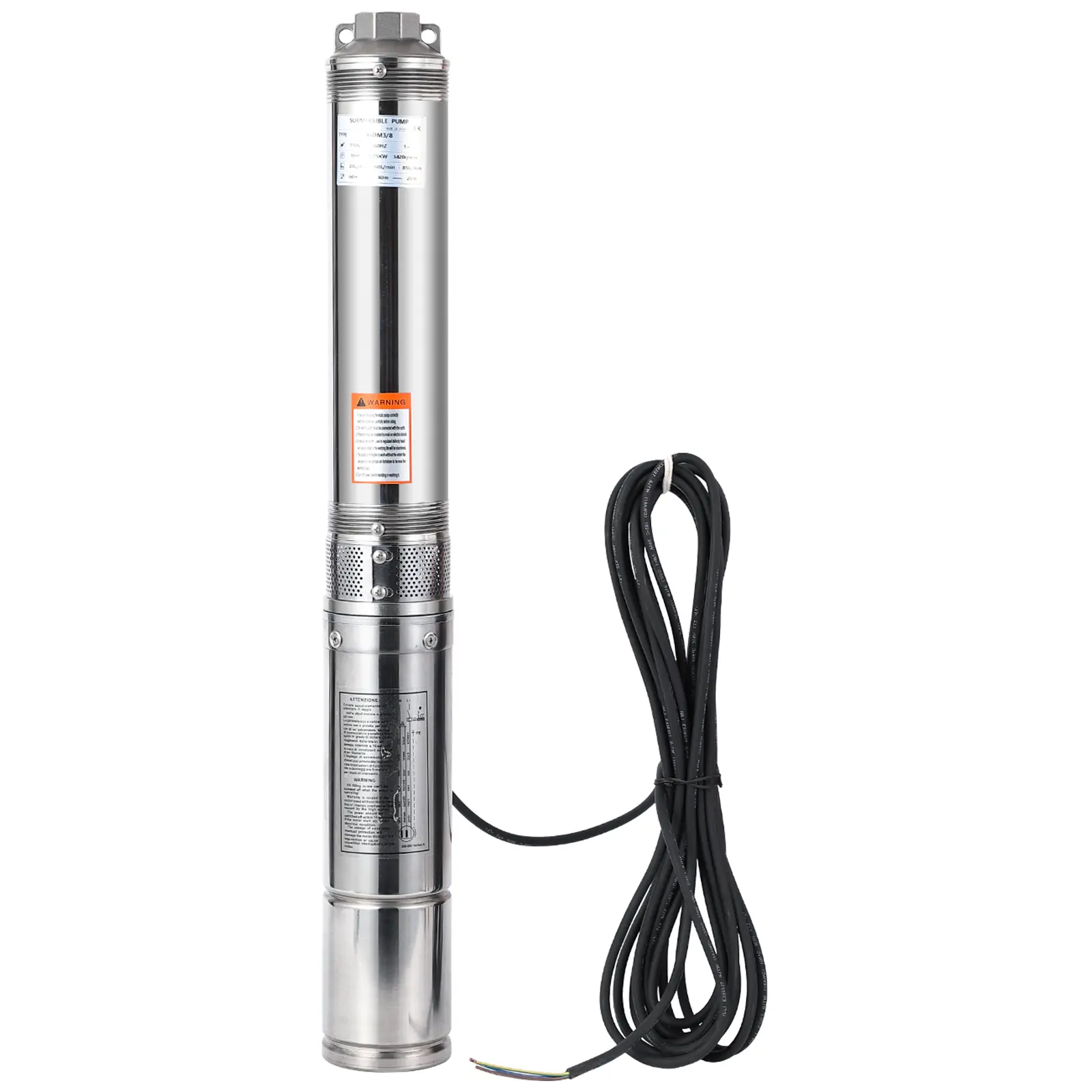 1HP 4 Inch Stainless Steel Deep Well Submersible Pump, 27GPM Flow & 204ft Max Lift Head with 33ft Power Cord, built-in check valve & IP68 waterproof rating, electric water pump for household water supply, farm irrigation, livestock feeding