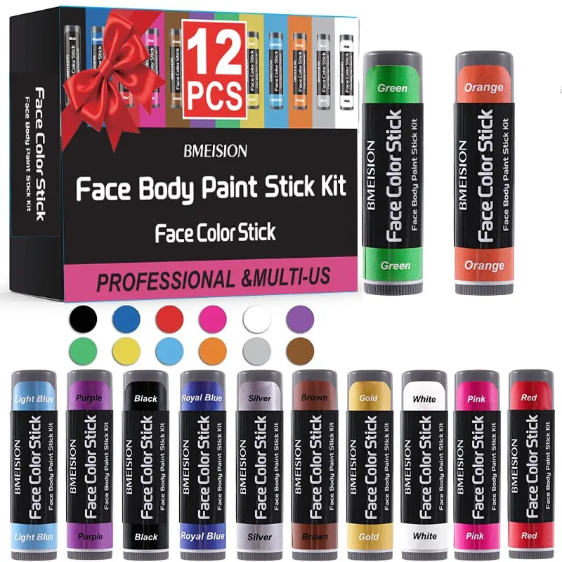 12-Pack 12-Color Eye Sports Paint Sticks, Waterproof Face Body Paint Set, Anti-Glare, Ideal for Football Baseball Softball, Halloween Christmas Parties
