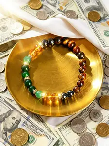Natural Citrine Tiger Eye Green Agate Wealth Bracelet for Men, Money Attraction Bracelet, Healing Crystal Beaded Stretch Bracelets, Spiritual Protection Jewelry Gift