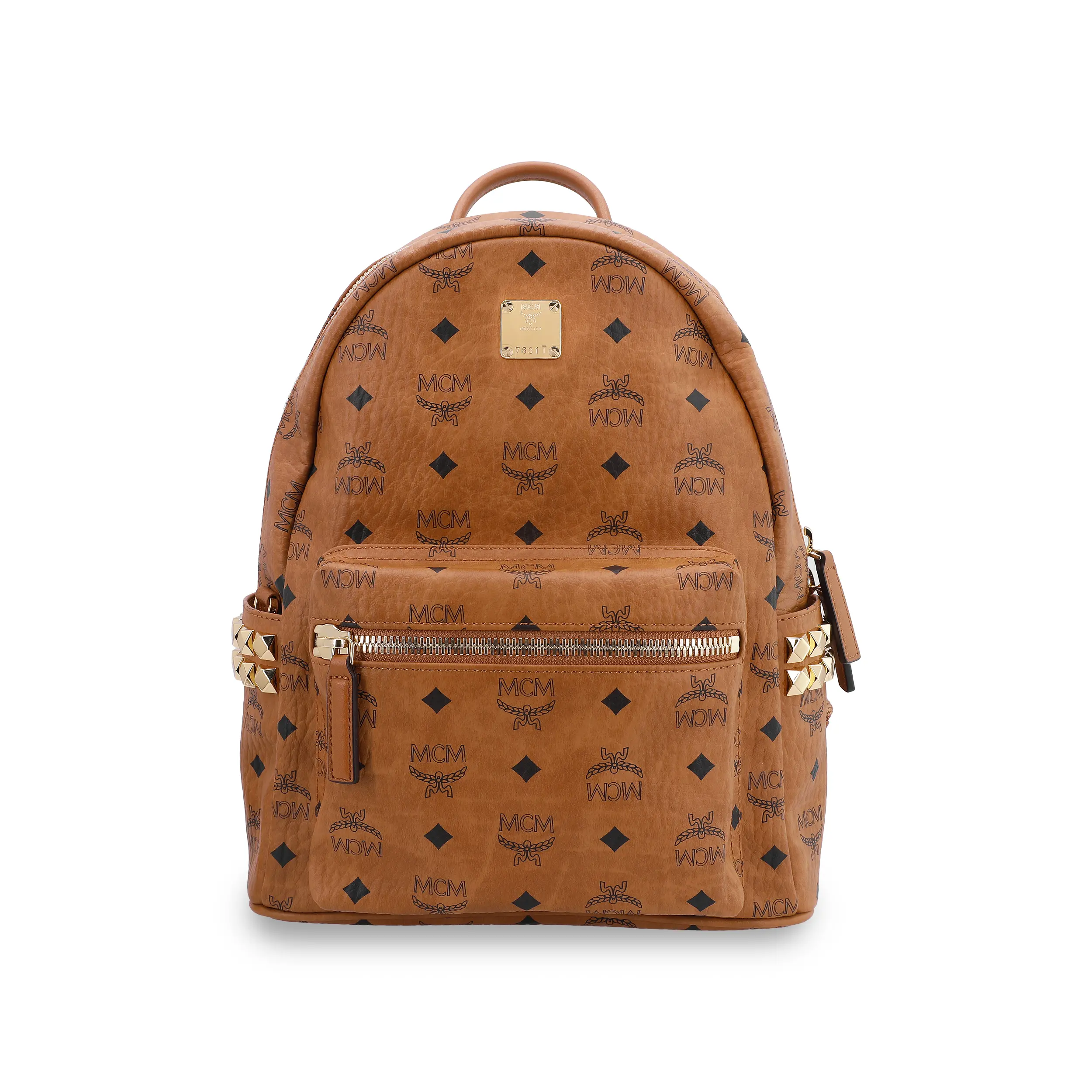 MCM Stark Classic Monogram Dual-Rivet Commuter Backpack - Unisex Small Leather-Blend Cognac Brown Casual, Functional, Monogram Graphic, Portable, With Compartments Backpack, Casual Backpacks, Functional Backpacks