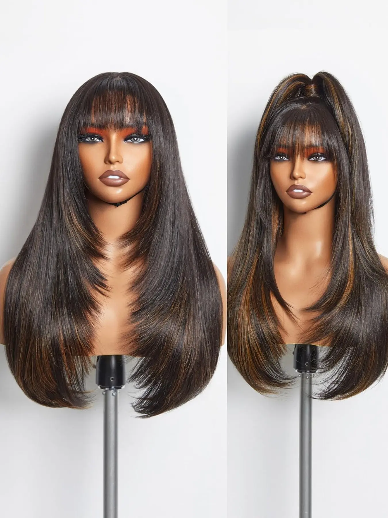 Long Straight Layered Wigs with Bangs, Highlight Synthetic Wig, Synthetic Hair, Heat Resistant, Glueless, Daily Use, Cosplay, Women's Wig