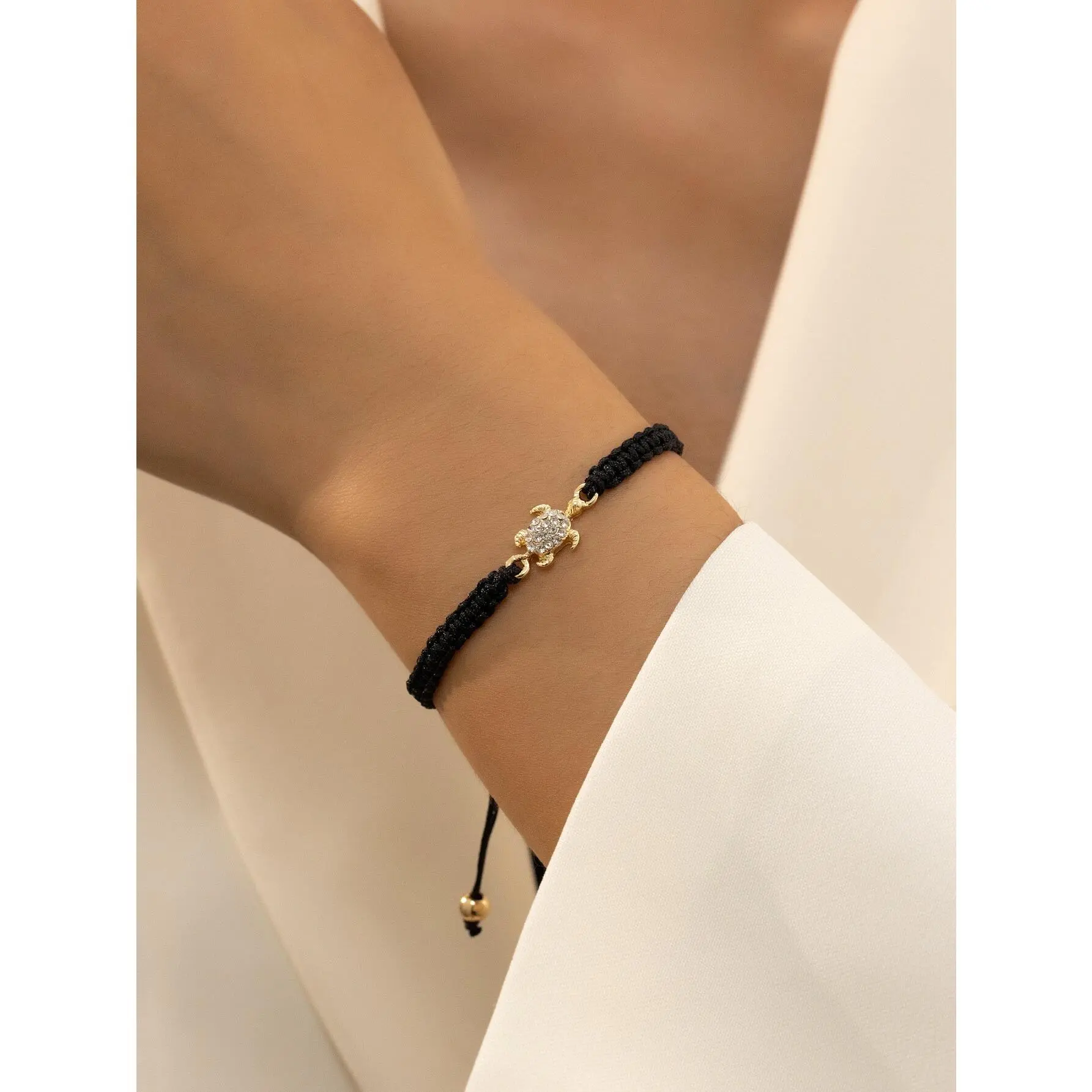 Women's Minimalist Cord Bracelet - Black Braided Rope With Pave Cubic Zirconia Gold Sea Turtle Charm, Adjustable Quiet Luxury Jewelry For Daily Wear & Beach Gift