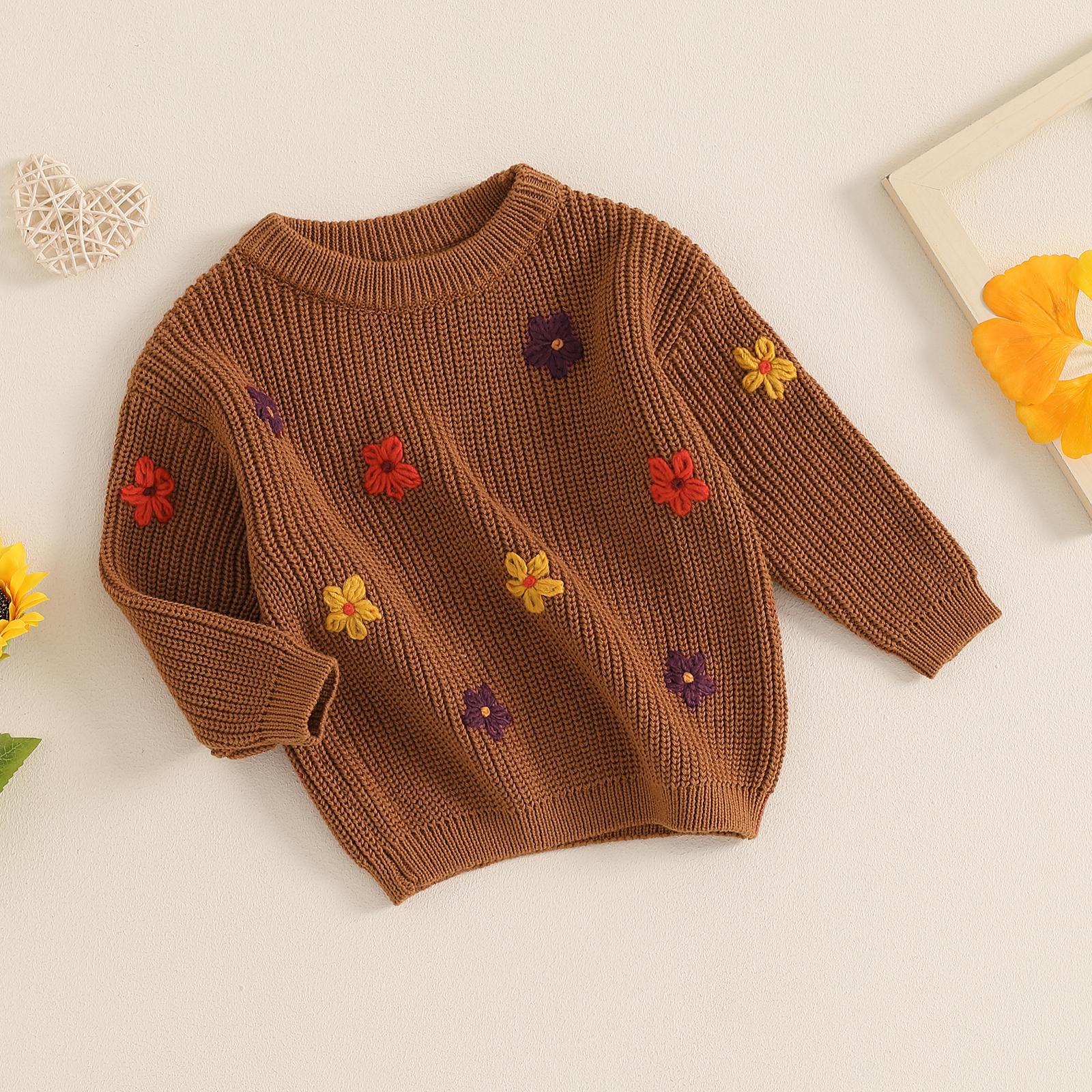 Toddler Baby Girl Knit Sweater Blouse Pullover Sweatshirt Flower Embroidery Warm Long Sleeve Tops 0-5 Years