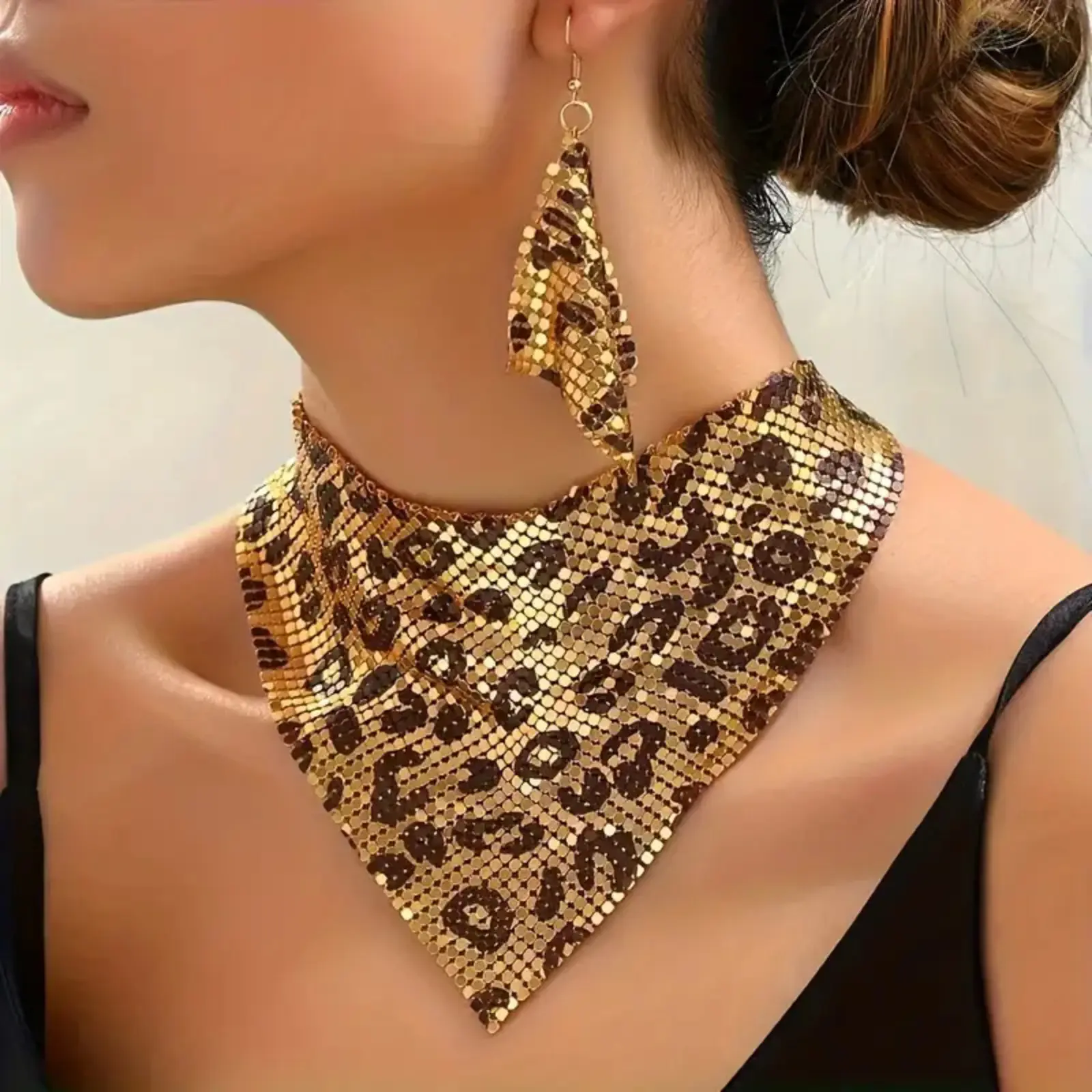 Women Leopard Print Sequin Bandana Jewelry Set, Bold Statement Collarbone Necklace & Earrings Combo, Trendy Eye-Catching Western Fashion Accessories for Night Out & Street Styling