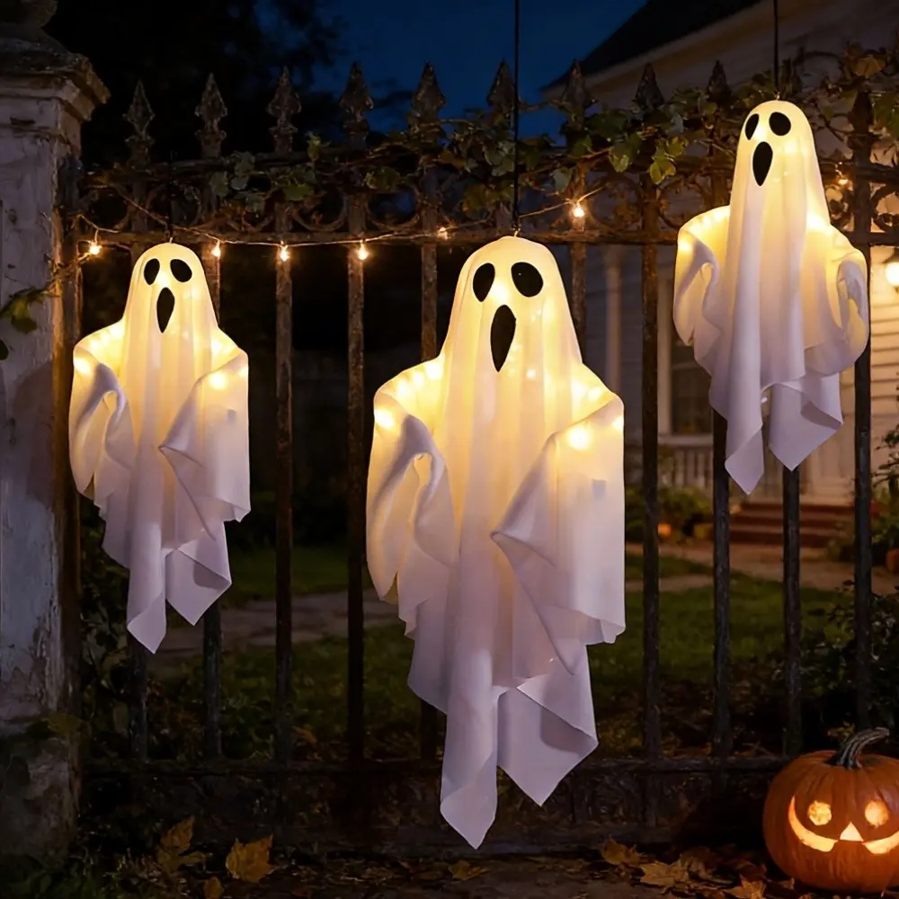 3 Piece 20 Inch Halloween Hanging Ghosts, LED Flying Ghosts Ip44 Waterproof, Halloween Decorations Outdoor Indoor Decor, Night Light, Festival Halloween