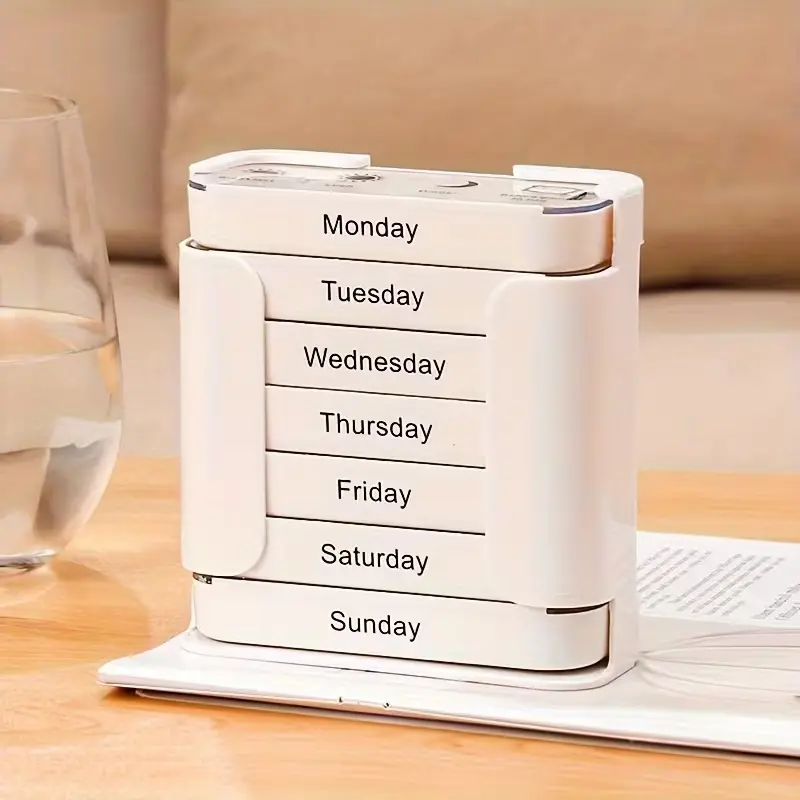 7-Day Large Capacity Portable Pill Organizer, Mobile Daily Compartment - Morning, Noon, Evening, Bedtime Weekly Drug Planner, White, Daily Pill Organizer | Modern Pill Box | Pill Stand, Supplement Organizer