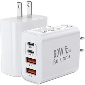 60W USB C Charger Block,2Pack 4-Port GaN USB C Charger   Wall Plug  Type C+ USB-A Port Multiport Power Adapter Cube for  17 Pro Max/16e/15/14/13/12/11,iPad Pro/Air/Mini