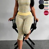 Yellow Grey Striped Two Piece Loungewear Set Crew Neck Short Sleeve Slim Crop Top High Waist Capri Leggings Stretch Fitted Matching Outfit ideal for home relaxation gym training grocery runs and casual everyday all season comfy outfits Stretchy Multicolor