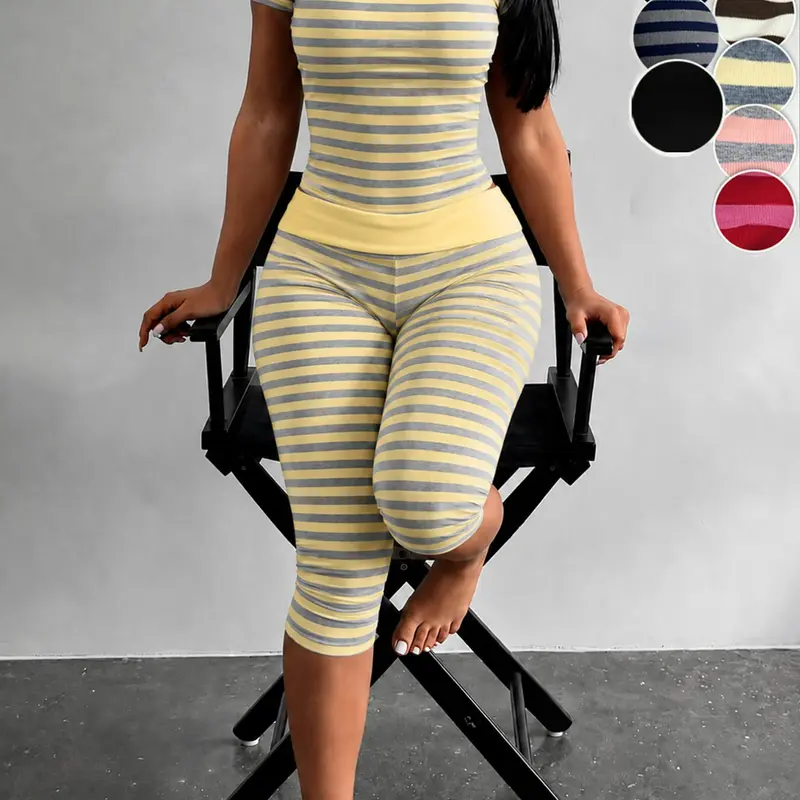 Yellow Grey Striped Two Piece Loungewear Set Crew Neck Short Sleeve Slim Crop Top High Waist Capri Leggings Stretch Fitted Matching Outfit ideal for home relaxation gym training grocery runs and casual everyday all season comfy outfits Stretchy Multicolor