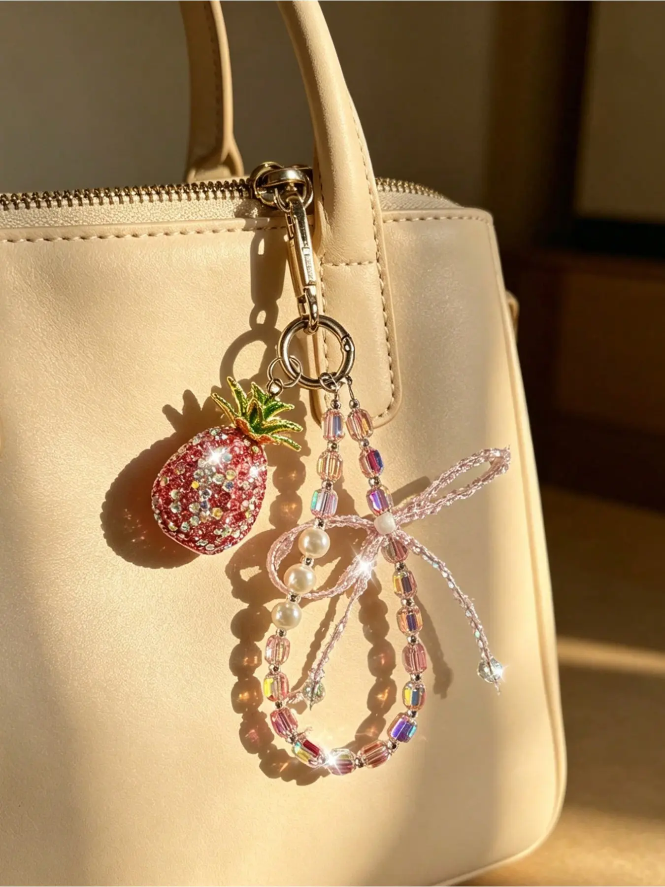 Luxurious Shiny Pineapple Bag Charm, Crystal Bow Beaded Keychain, Tropical Fruit Pendant, Bohemian Beach Accessory, Perfect Gift