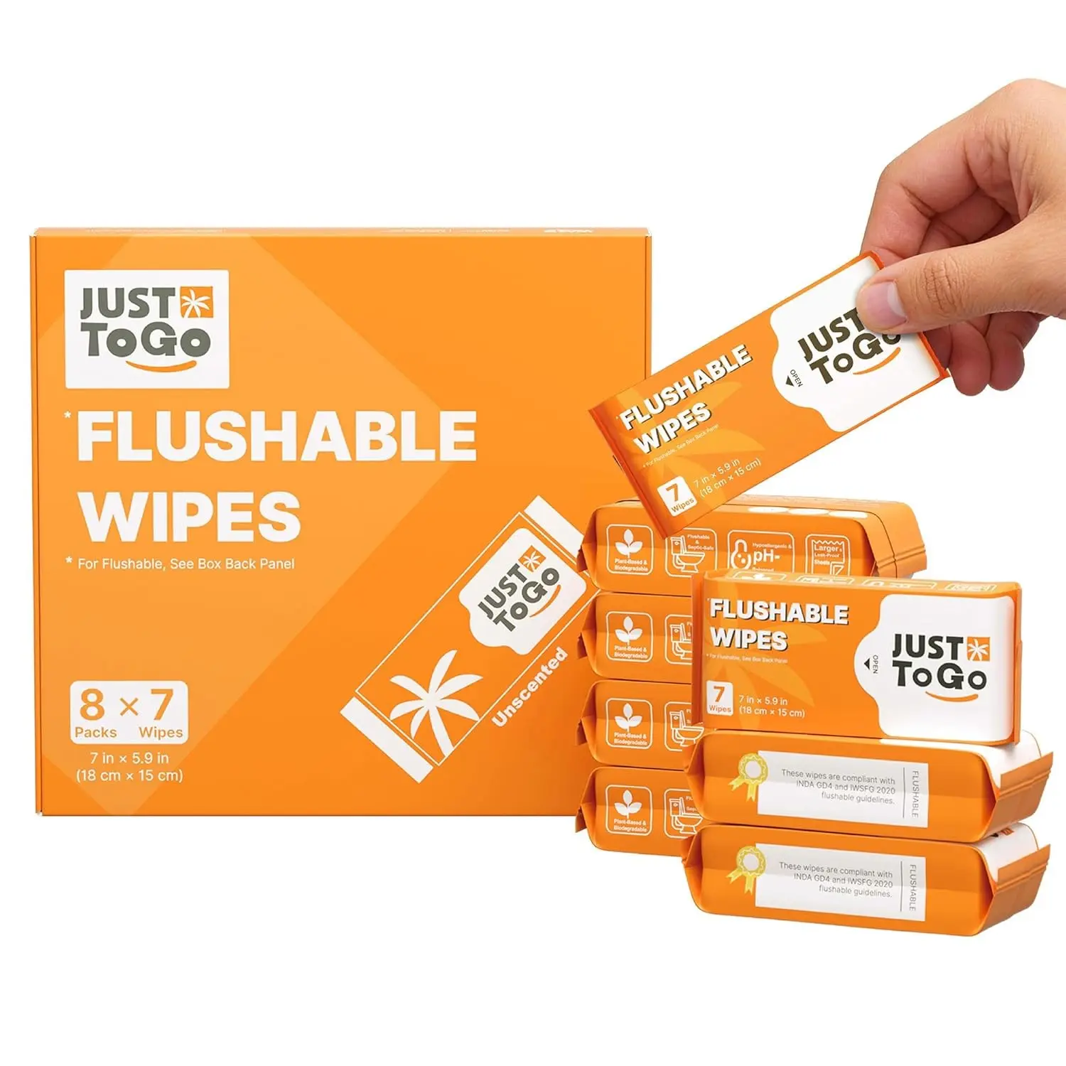 Flushable Wipes, Septic-Safe & Biodegradable Plant-Based Butt Wet Wipes, Travel-Size Ultra-Compact Pocket Packs, Hypoallergenic Unscented for Sensitive Skin, 56 Count