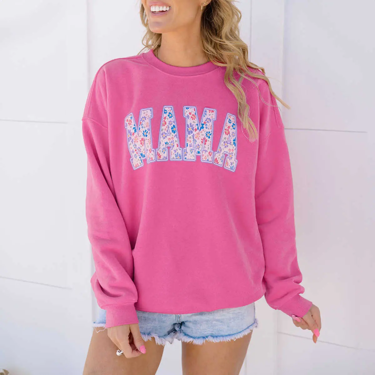Rose Red Floral MAMA Embroidered Graphic Pullover Sweatshirt