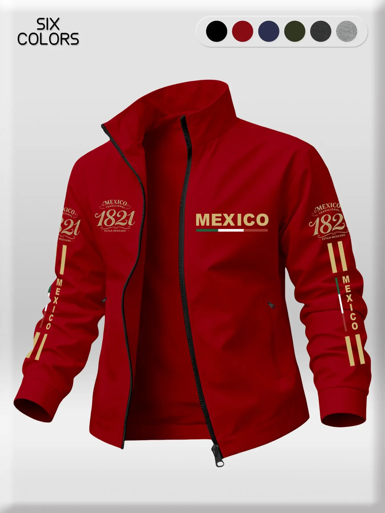 Men's Mexico1821 Print Lapel Pocket Jacket, Spring Fall Casual High-Quality Zipper Outerwear, Fashion Multicolor Sportswear Top, Sporty Jacket