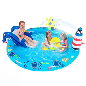 Inflatable Marine Splash Pool for Kids, Shark Slide Water Play Center, Lighthouse Sprinkler Pool, Backyard Summer Water Toy with Fishing Game