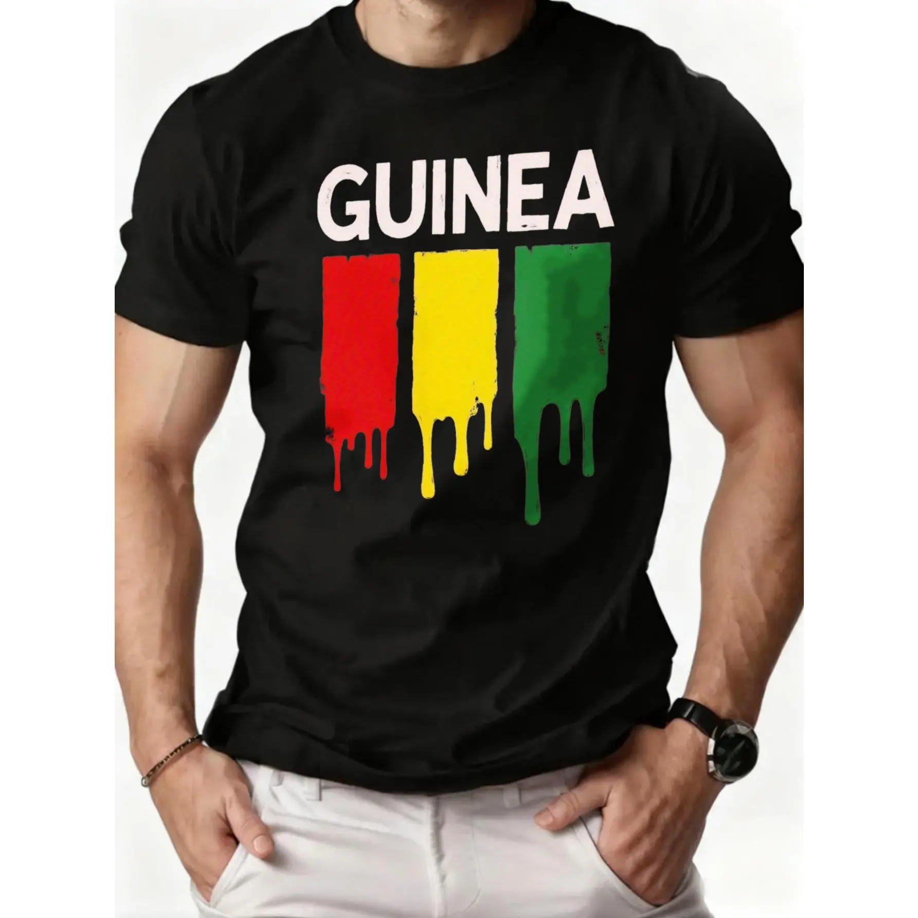 Men's Short-Sleeve Round/Crew Neck Simple Stylish Guinea Flag Design T-Shirt - Casual Streetwear Menswear, Everyday Wear Gift for Guinea Lovers, Shortsleeve, Round Neck