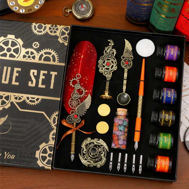 Precision-crafted with intricate mechanical gear detailing and elegant feather design, this writing pen  available in Burgundy Red, Deep Blue, and Emerald Green, delivering a refined steampunk-inspired aesthetic with artistic appeal.
