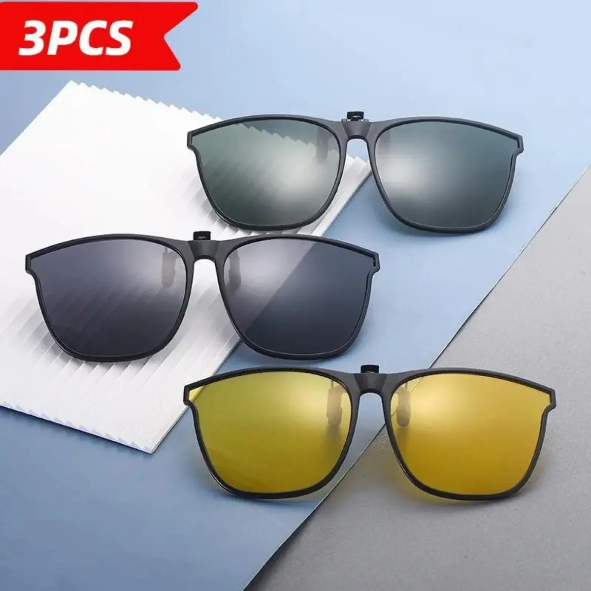 3-Pack Polarized Clip-On Sunglasses – UV400 Anti-Glare Vintage Square Fit Over Glasses for Driving & Travel, 3Pcs, Polarised Lens, Retro, Unisex, Uv Protection Lens, No