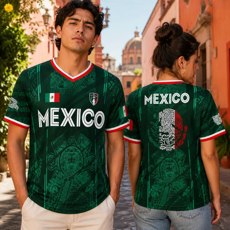2026 Mexico Retro Soccer Jersey - Chichén Itzá Pyramid All-Over Print, Short Sleeve Jersey, Breathable Athletic Top, Casual Sporty Top, Button-Equipped, Cold Wash Compatible, Father's Day Gift for Multi-Season Use