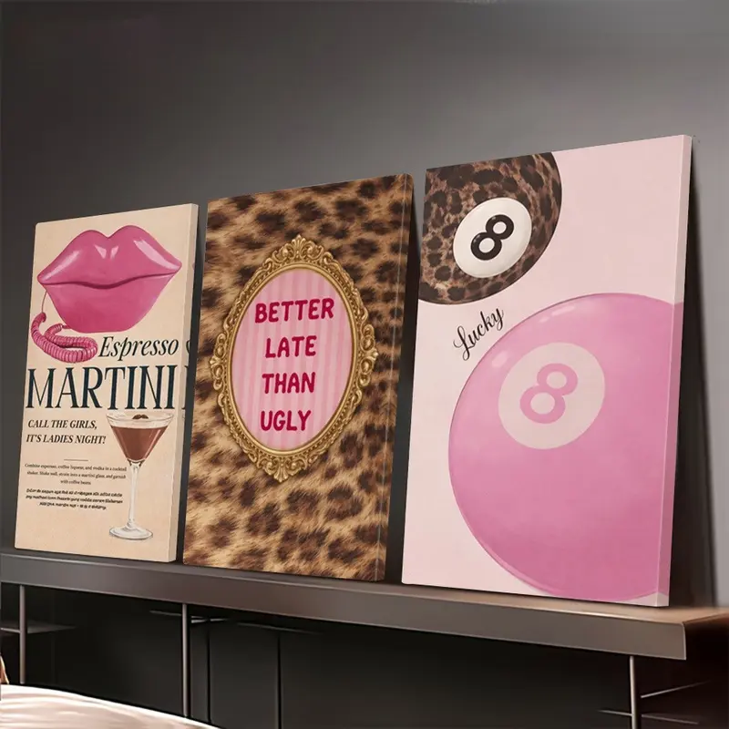 3P Pink Leopard Martini 8-Ball Framed Canvas Wrap Print, Coquette Retro Wood Hanging Decoration, Vintage Gift for Dorm Bedroom Vanity Home Decor, Artistic, Painting