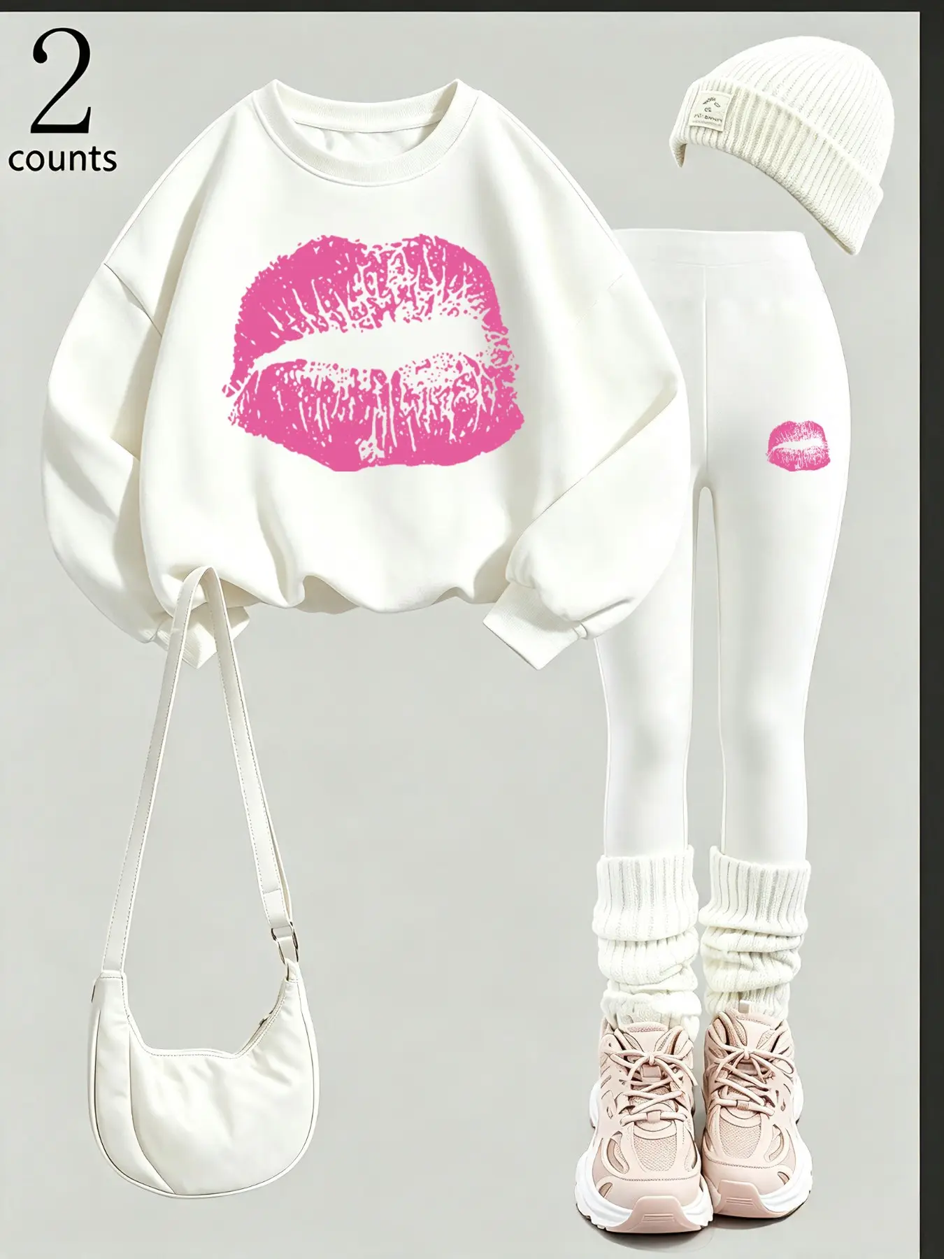 Sweet Cool Barbie Style Lipprint Sweatshirt and Sharkskin Pants Set, Oversized Fitted, Animal Print, Fall & Winter Fashion
