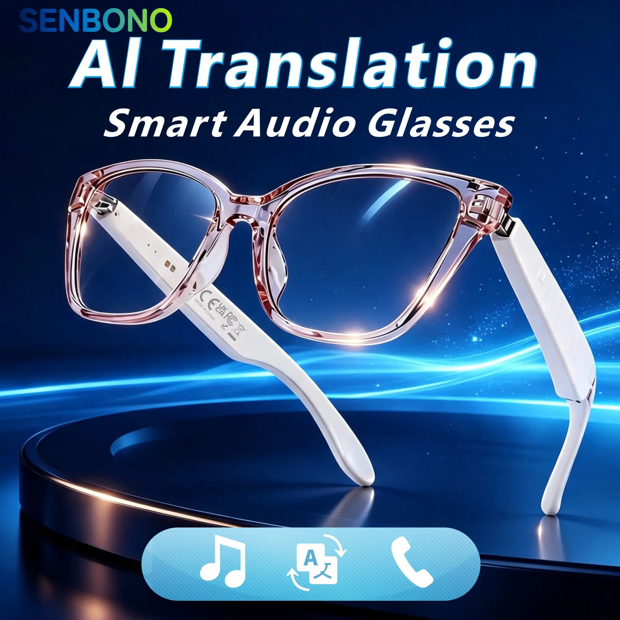 Smart glasses with translation in over 160 languages, equipped with chat system, microphone/speaker, high-definition voice calling and high fidelity music, neutral, female audio glasses, Multifunctional Smart Glasses