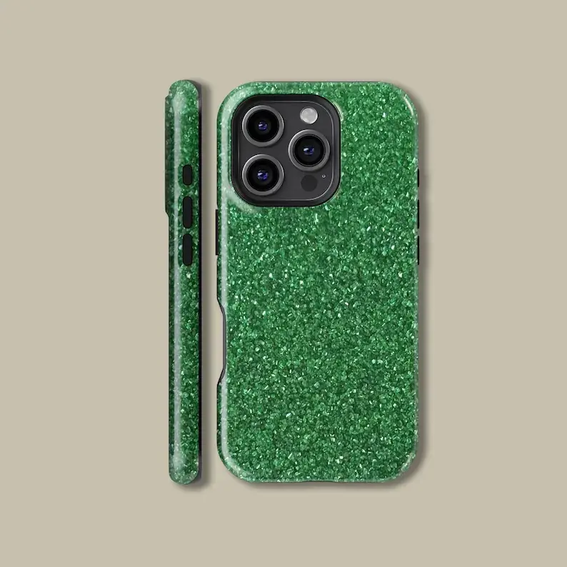 Emerald Green Fine Glitter Texture Phone Case, Hard Slim Shockproof Cover for iPhone 16/15/14/13/12 Pro Max, Shiny Sparkle Aesthetic Women Protective Phone Shell