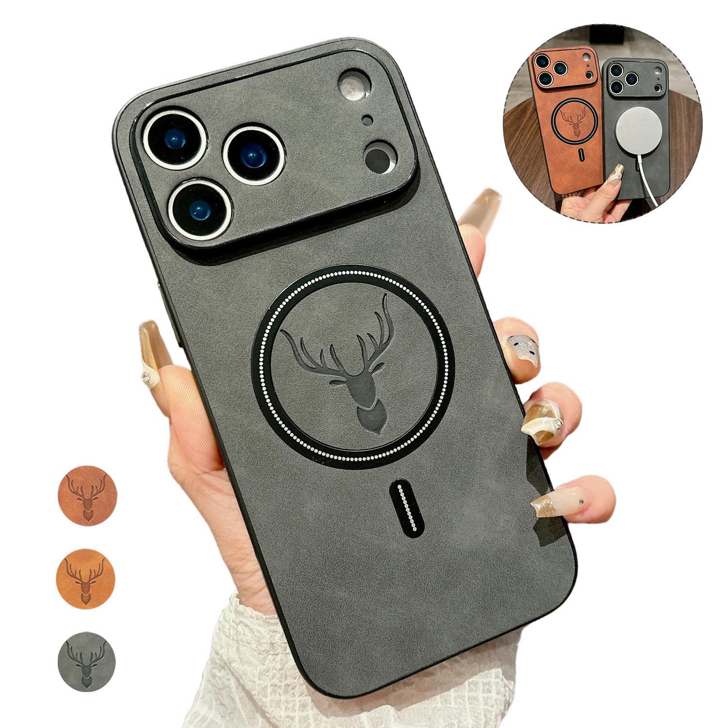[Free!!Ship!] Mag Safe Classic PU Leather Case for iPhone 17 Pro Max 16 Plus 15 14 13 Matter Fawn Pattern Shockproof Protection Phone Cover