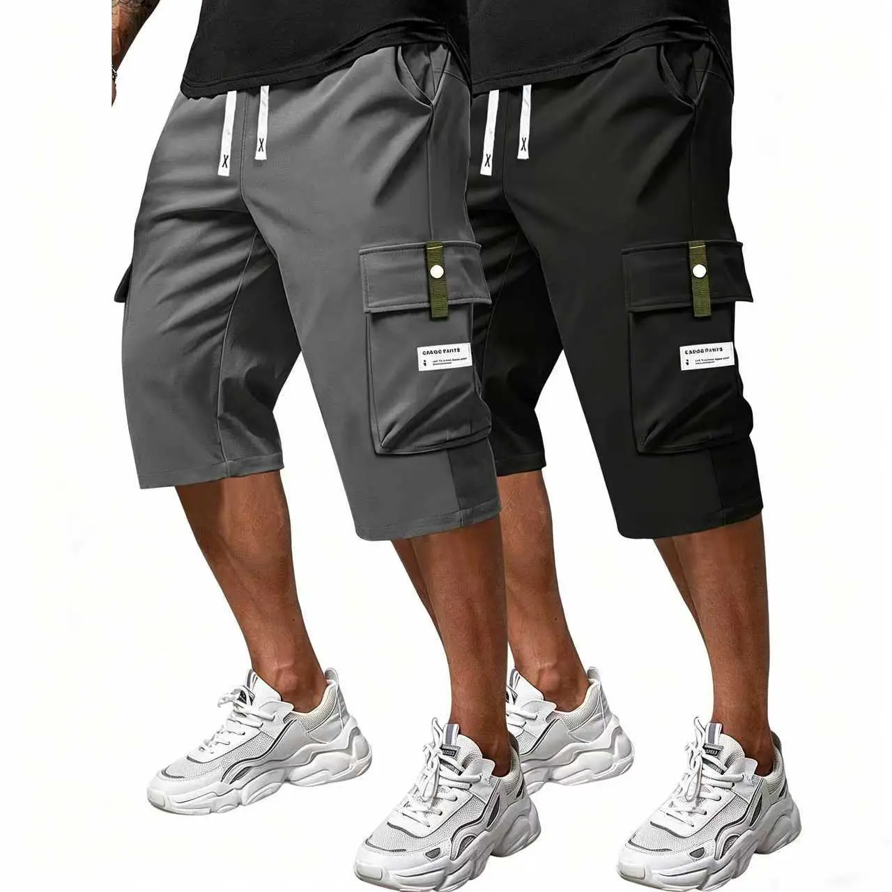 Men's 2-Pack Multi-Pocket Menswear Workwear Cropped Pants - Elastic Drawstring Waist, Loose Athletic Sport Ankle-Length Trousers, Durable Comfort Side Pockets, Khaki + Green, Ideal for Summer Work Daily Wear,back to school,back to school haul