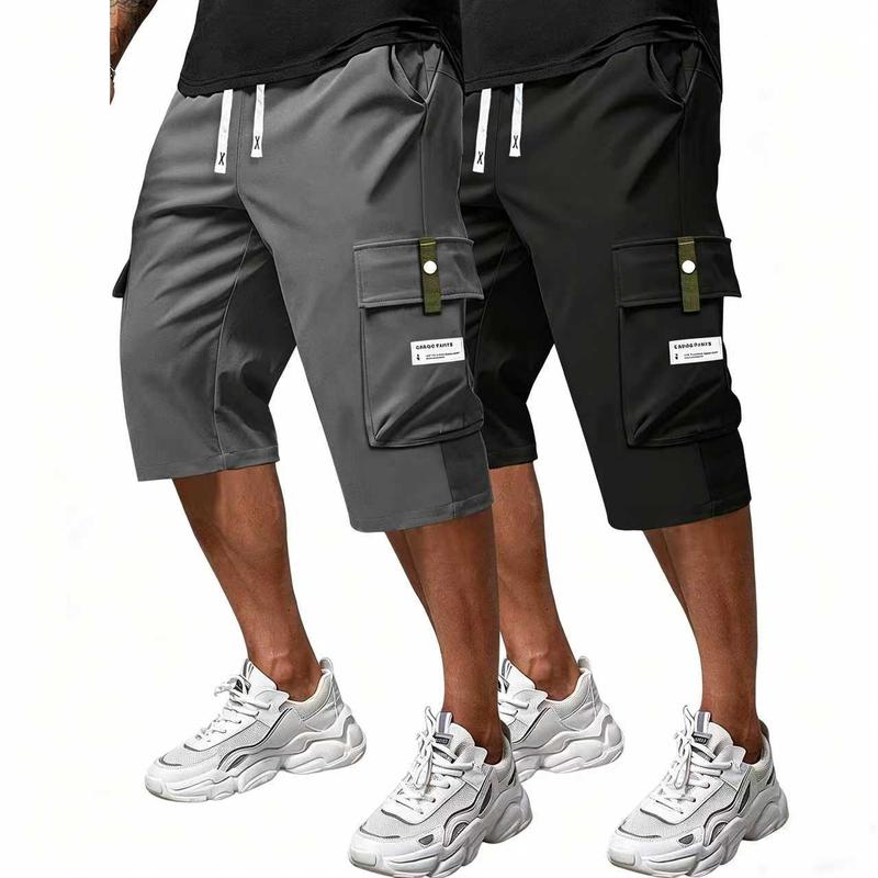 Men's 2-Pack Casual Polyester Sport Active Cropped Pants - Elastic Waist, Loose Cut, Ankle Length, Multi-Pocket, Flap Closures, High-Capacity, Durable, Range of Sizes, Black+Green, Ideal for Summer Work, Camping
