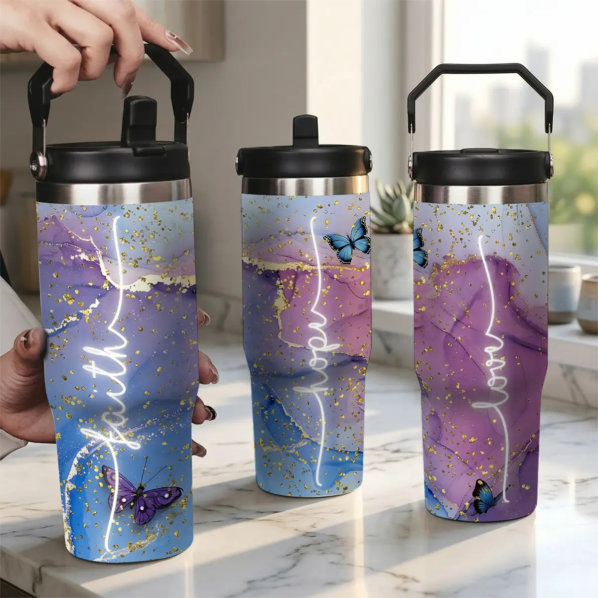 Purple Blue Alcohol Ink Marble Skinny Tumbler, Gold Glitter Butterfly Stainless Steel Insulated Travel Cup, Faith Hope Love Iced Coffee Mug, Birthday Gift for Her