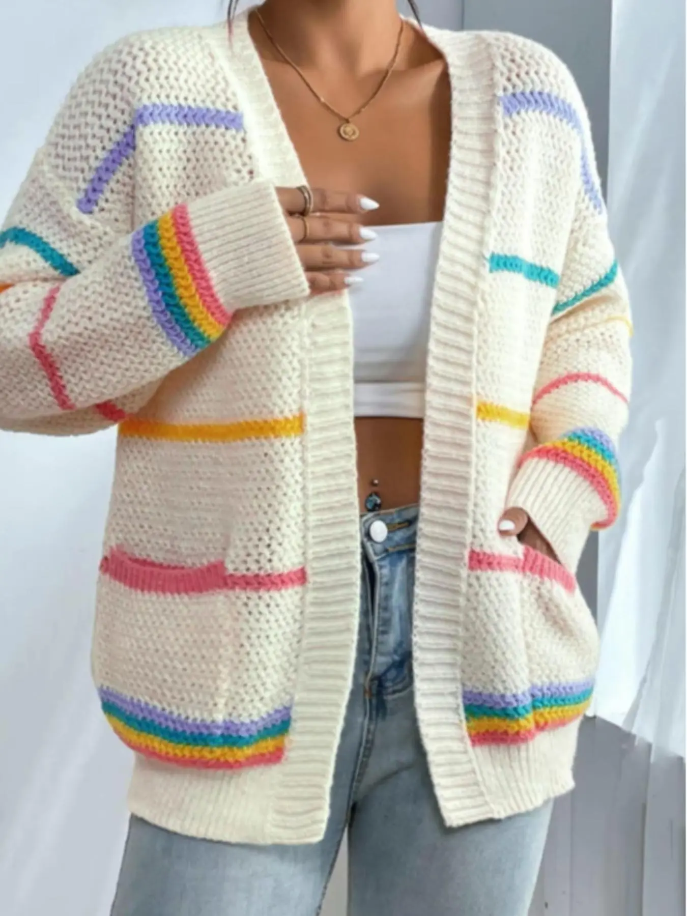 Plus Size Women Striped Open Front Cardigan, Casual Drop Shoulder Long Sleeve Design, with Pockets, Perfect for Fall Winter Daily Wear, Knitwear