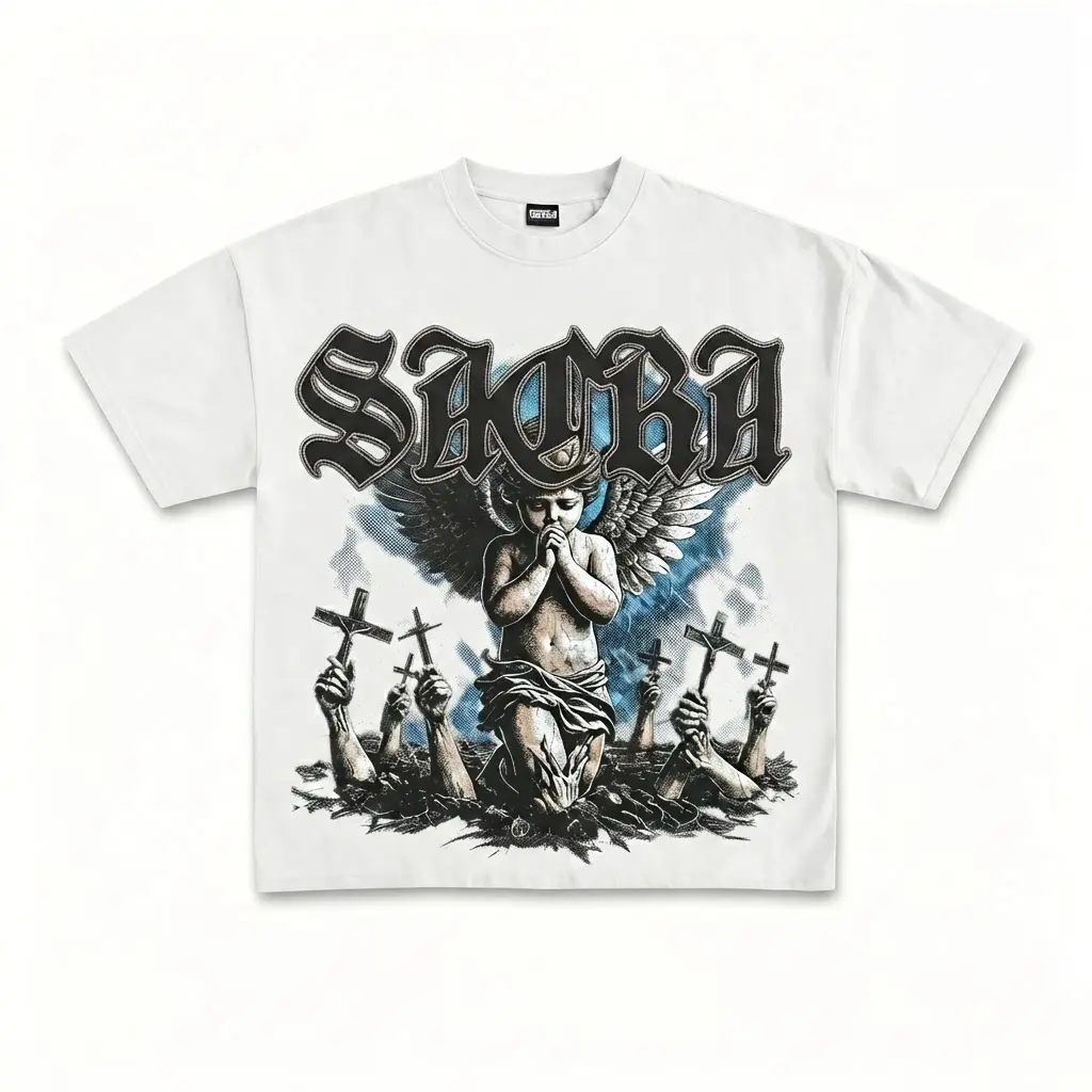 Men's Gothic Angel Graphic Shirt, Classic Vintage Street Style Tee, Breathable 100% Cotton Menswear Top
