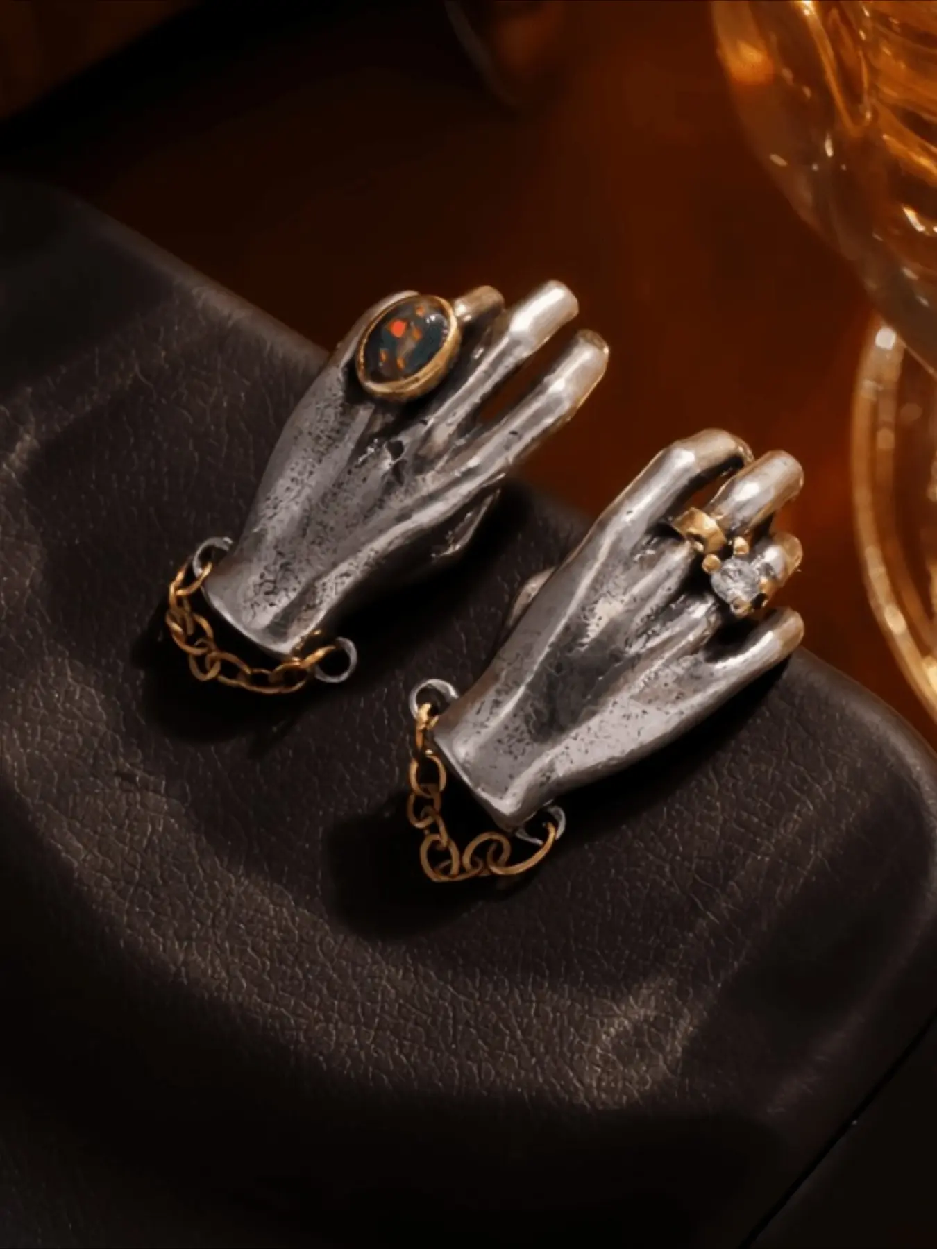 Vintage Gothic Hand Asymmetric Earrings,  Palm Studs with Golden Chain, Unique Dark Retro Ear Accessories for Women Daily Vacation Music Festival Party ，Gift for Her