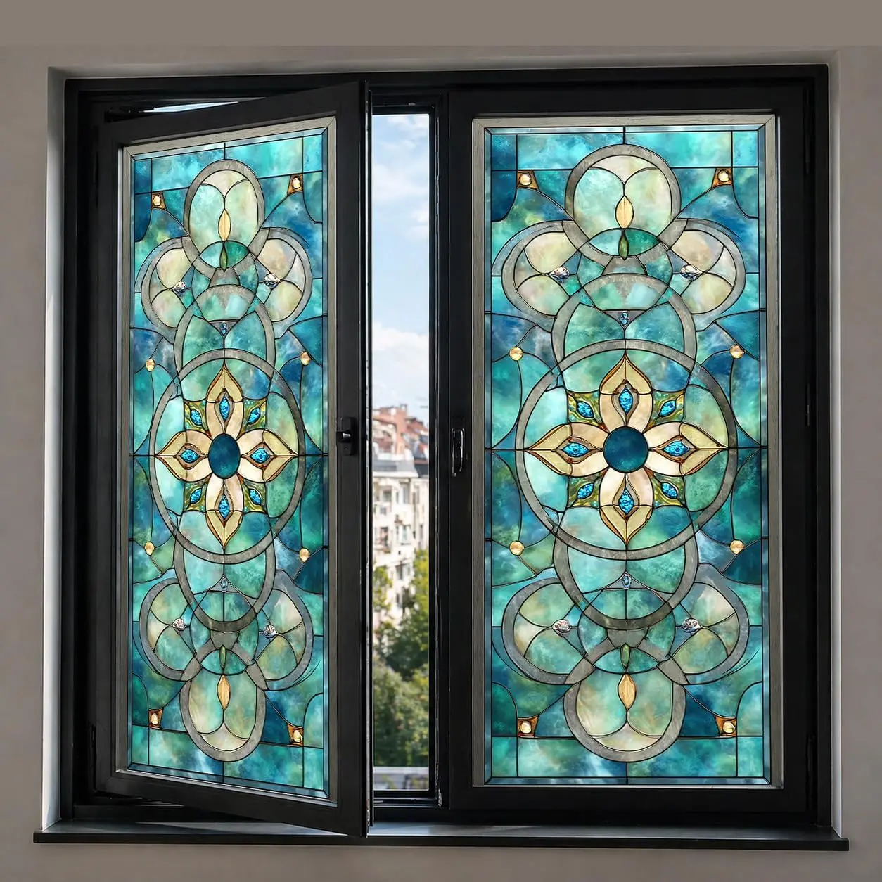 Vintage Rosette Stained Glass Window Film, Frosted Privacy Static Cling No Glue Decal,Removable Reusable Repositionable Cuttable Teal Decor for Bathroom Front Door Sidelight Smooth Glass,17.5" x 39.4"
