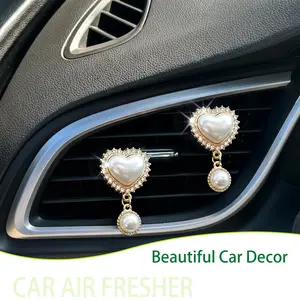 2-Pack Sparkling Rhinestone Pearl Heart Air Vent Clips, Car Fragrance Diffusers, Cute Car Accessories, Women's Gifts, Replaceable Crystal Aromas