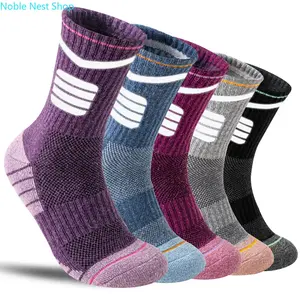 5 Pairs Merino Wool Hiking Crew Socks, Cushioned Moisture Wicking Reflective Outdoor Trail Running Socks