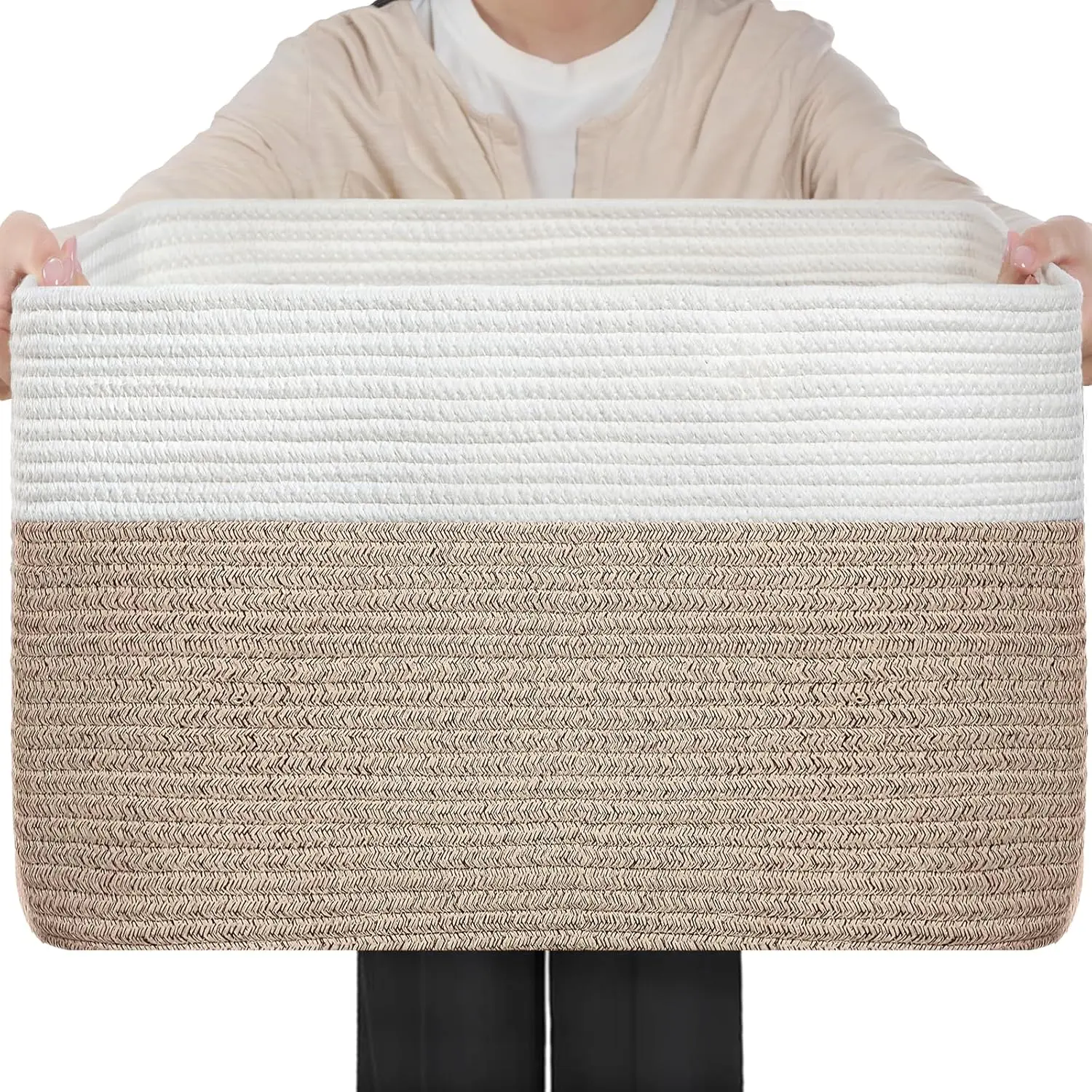95L Large Blanket Basket, Woven Storage Baskets with Reinforced Handles, Rope Laundry Basket for Living Room, Bedroom, Nursery, Toys, Clothes,Pillows, 24” x 17” x 13.5”, White & Brown