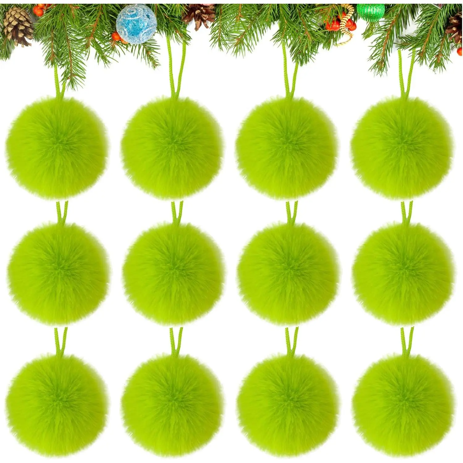 12 Pack Lime Green Furry Christmas Ball Ornaments | 2.36 Inches Soft -Pom-Pom Xmas Tree  Decor for Holiday  Party Fireplace Wall Decoration