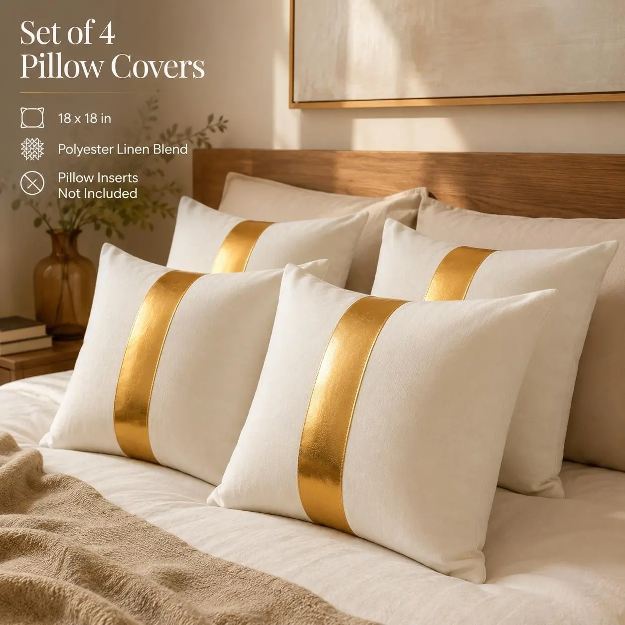 4-Pack 18x18 in Polyester Linen Velvet Throw Pillow Covers - Patchwork, Custom, Modern Cushion Covers with Green Silver Leather Striped Stitching, Machine-Washable Square for Bedroom, Sofa Decor, Patchwork Cushion Covers
