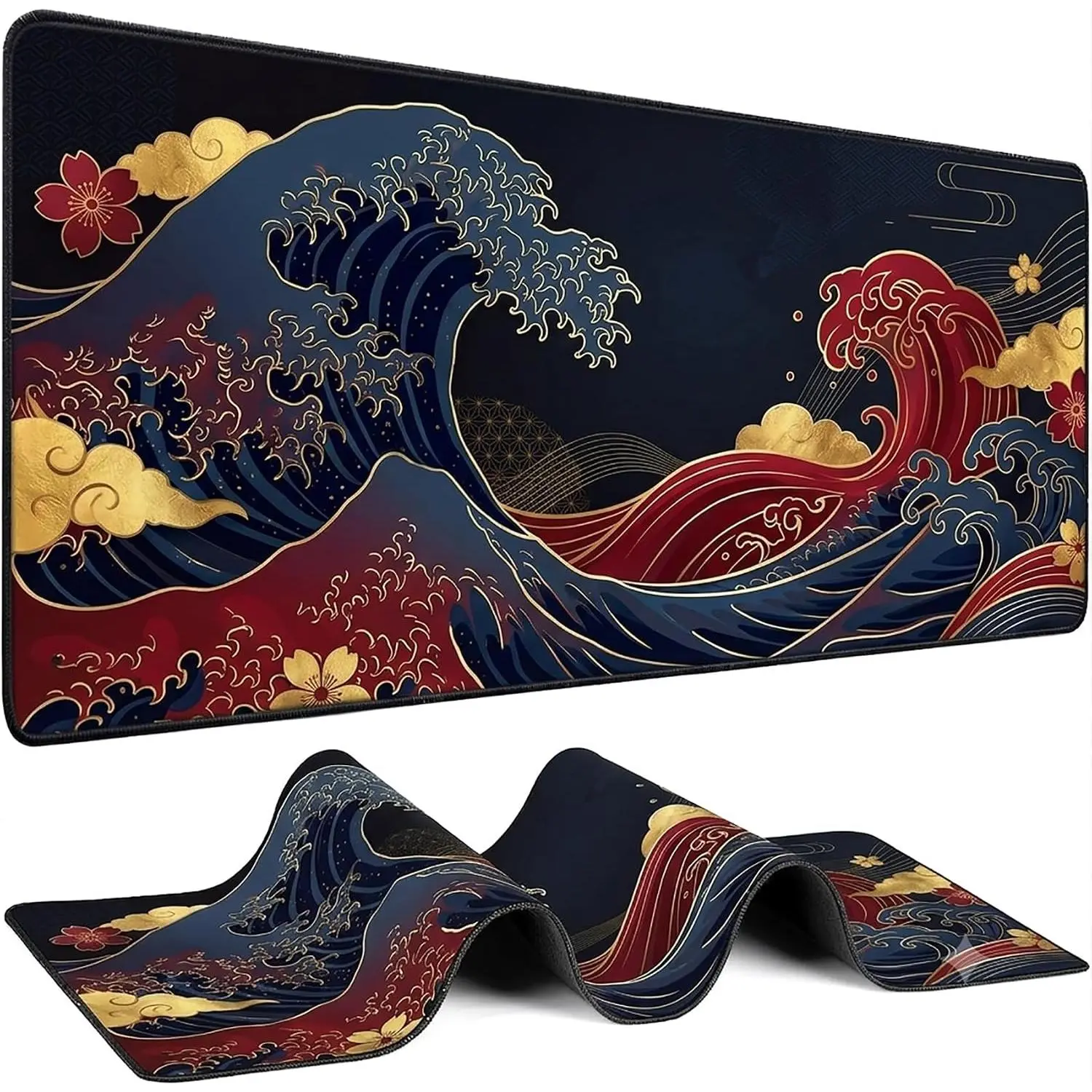 Wave  Pad XL - Extended Gaming Desk Mat (31.5 x 15.7 in), Black and  Ukiyo-e Art Mousepad with Anti-Slip Rubber Base,  Keyboard Mat for Office,  & Esports