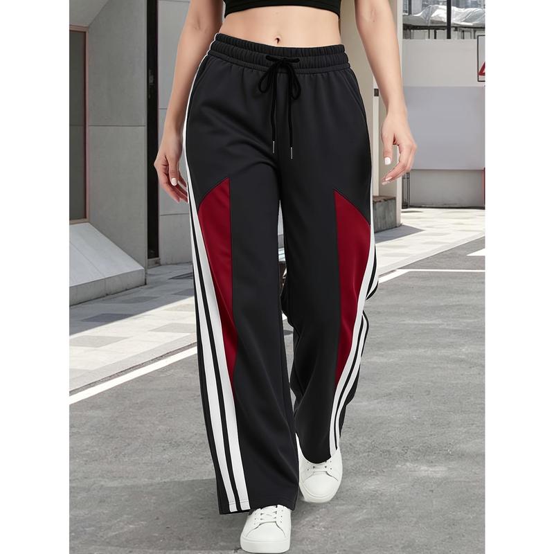 Women's Work Pants, High Waisted Color Blocked Wide Leg Jogging Pants, Elastic Waistband, Double Beige Side Stripes with Red Contrasting Panel, Lightweight Smooth Fabric, Loose Wide Pants, Suitable for Retro Streetwear and Daily Clothing