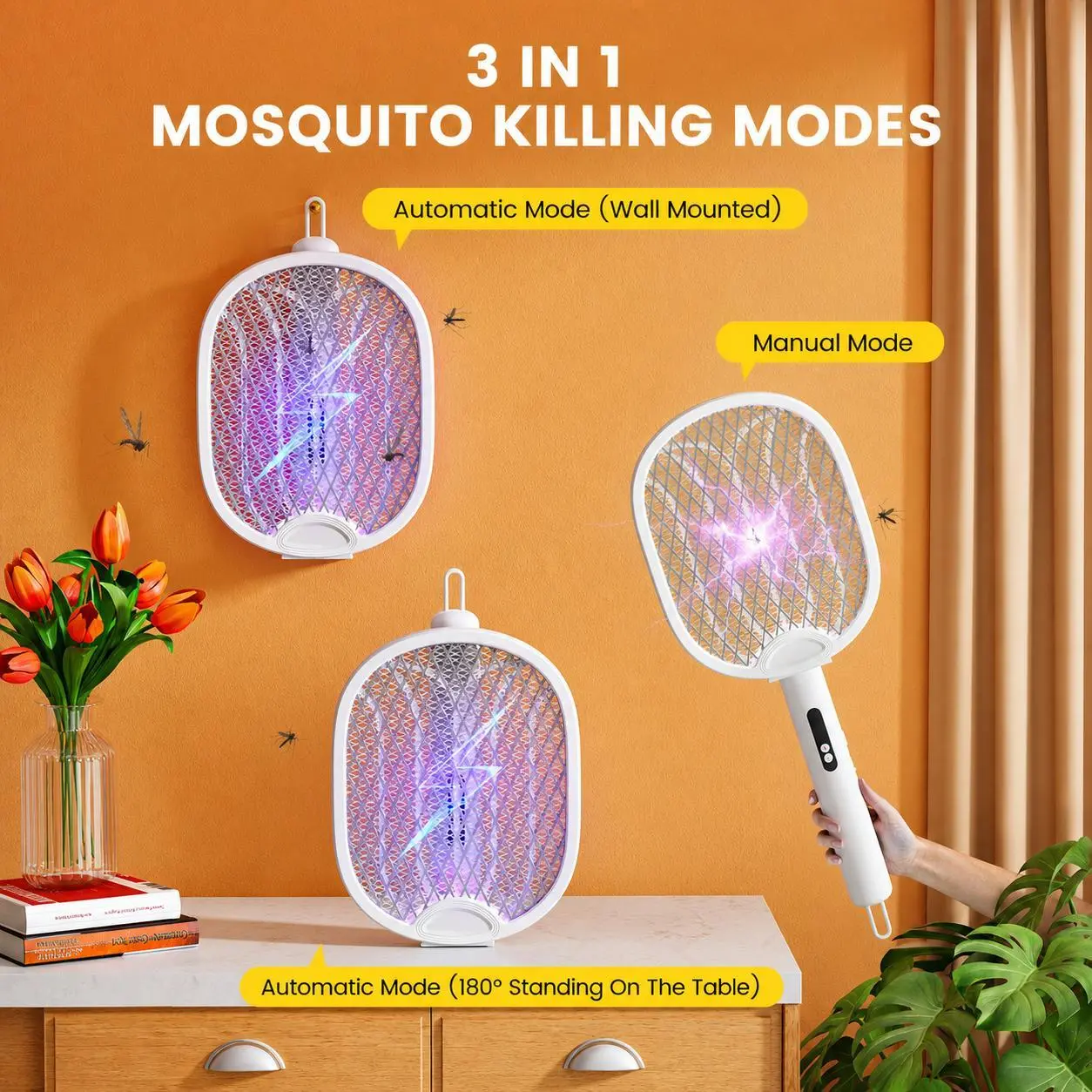 3-in-1 Foldable Mosquito Zapper Racket, 4000V Electric Fly Swatter with 1800mAh Rechargeable Battery, Type-C Charging Bug Zapper with Wall Mount & Stand, Double-Switch Safe Pest Control for Home, Bedroom, Kitchen & Patio