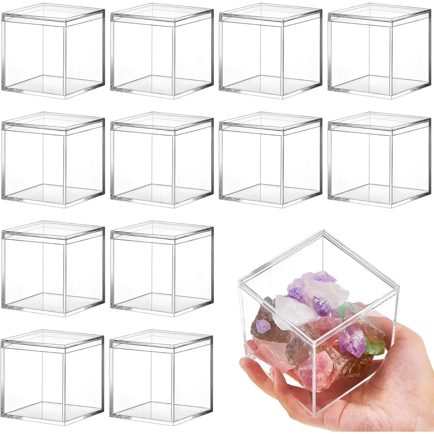 12 Pcs Clear Acrylic Box with Lid Plastic Small Acrylic Boxes Decorative Storage Box Jewelry Display Mini Clear Container for Home Candy Pill Tiny Jewelry(Square,4 x 4 x 4)