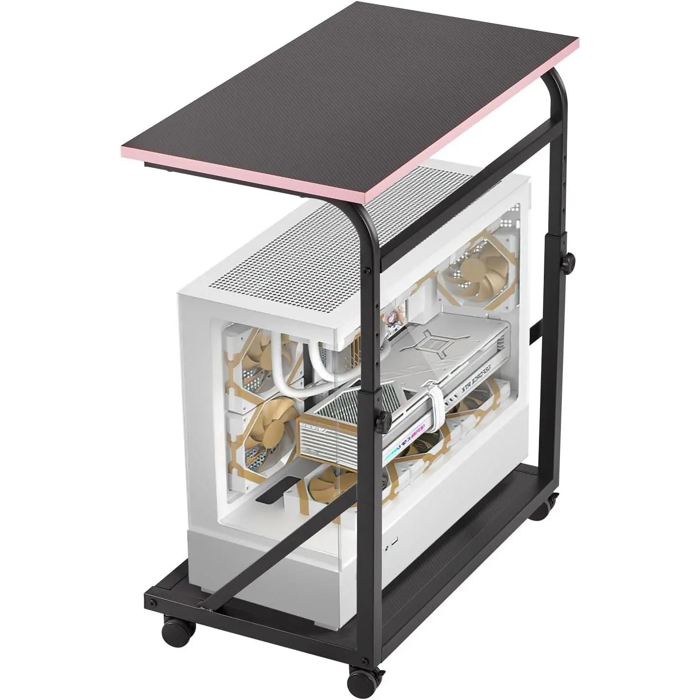 Computer Tower Stand, 2-Tier CPU Holder Cart Under Desk, Height Adjustable PC Floor Stand with Lockable Wheels, Mobile PC Laptop Standing Table for Office Gaming Room, Black and Pink