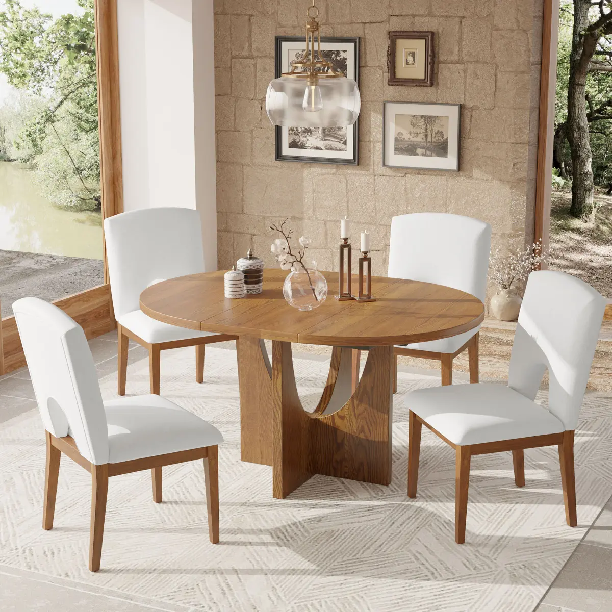 AobtkelTOPMAX Modern 5-Piece Extendable Round Dining Table Set with 16.2inch Removable Leaf for Small Places, Walnut
