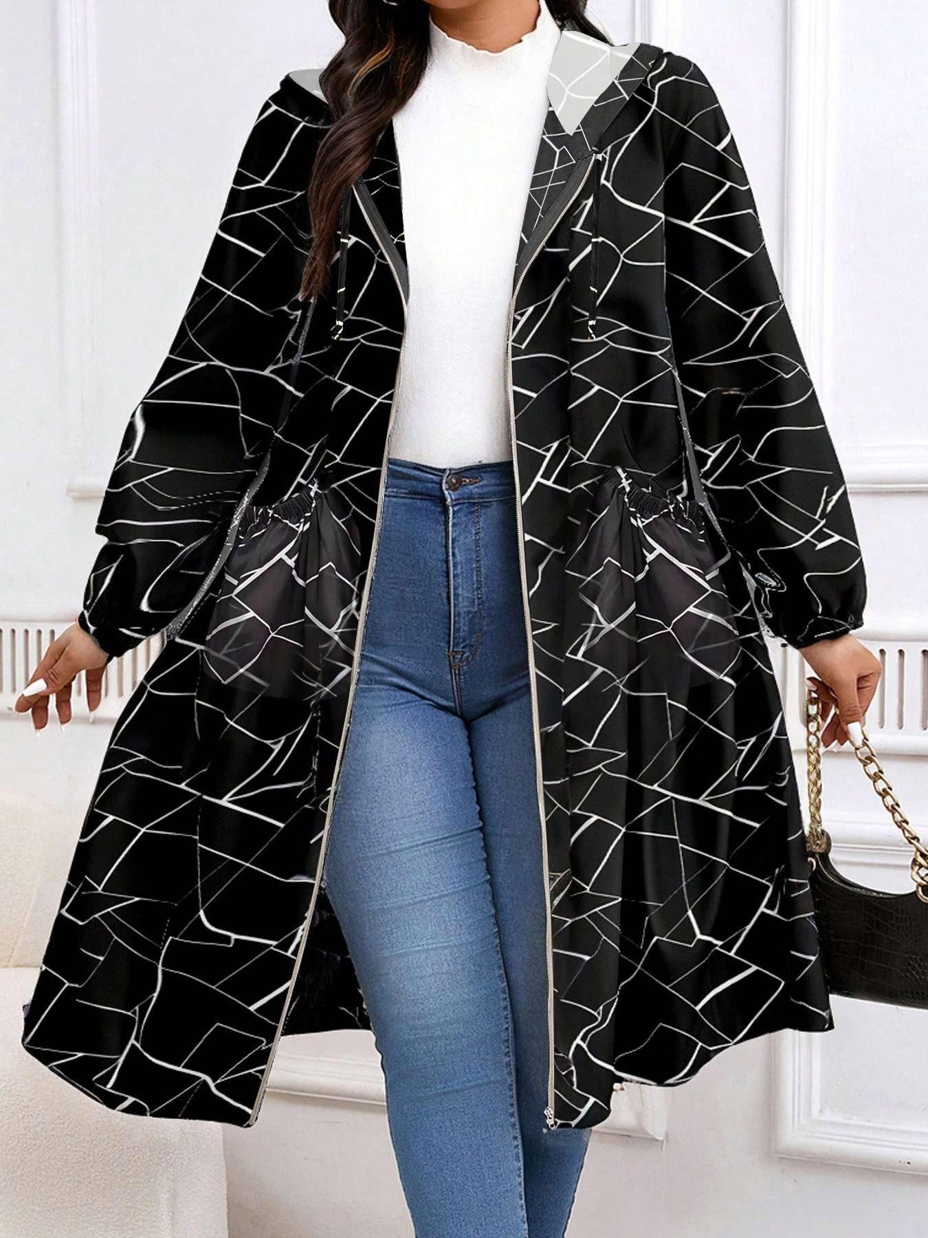 Plus Size Solid Drawstring Zip Up Hooded Coat, Casual Long Sleeve Pocket Outerwear for Fall & Winter, Women's Clothes for Daily Wear