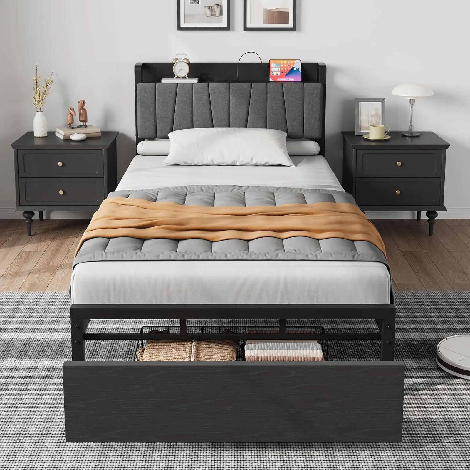 🛏️ Garvee Twin Bed Frame with Charging Station – Large Storage Drawer, 700 lbs Capacity, No Box Spring Needed, Sturdy Steel Slats & Noise-Free! ✨